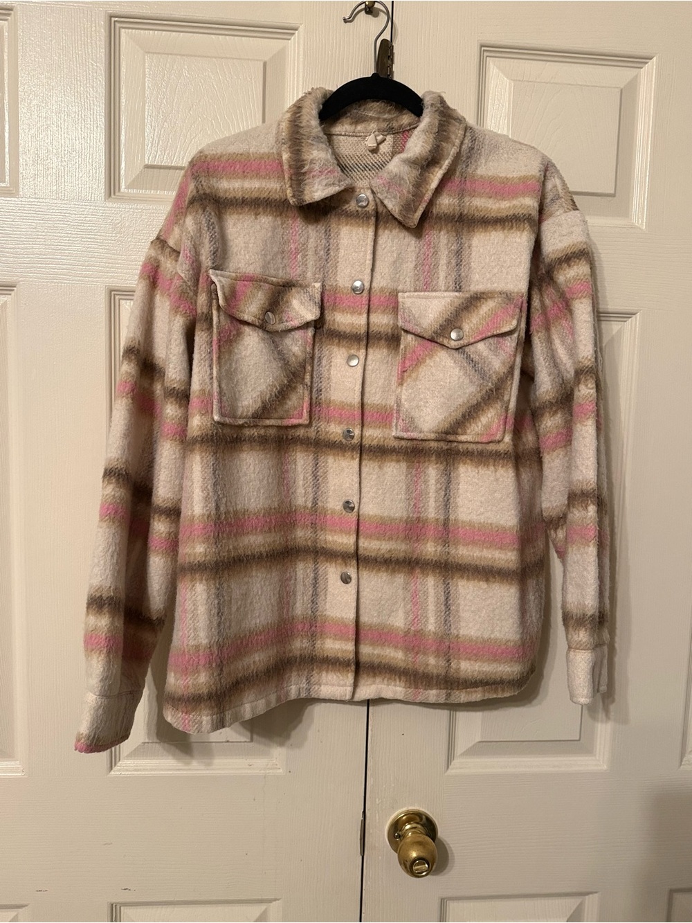 Brushed Plaid Utility Jacket - Cream & Pink
